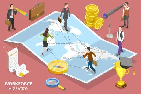 3D Isometric Flat Vector Conceptual Illustration of Workforce Migration. Stock Illustration