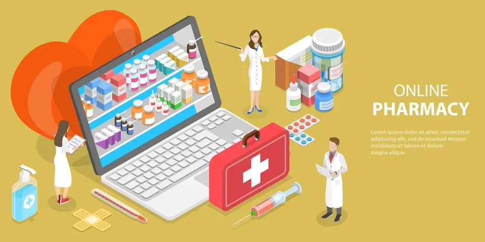 3D Isometric Flat Vector Conceptual Illustration of Pharmacy Online. Stock Illustration