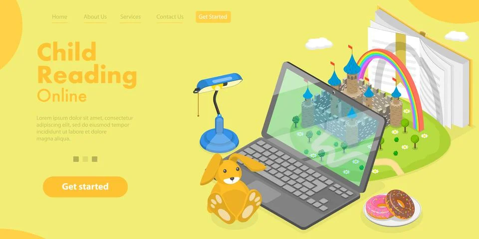 3D Isometric Flat Vector Conceptual Illustration of Child Reading Online. Stock Illustration