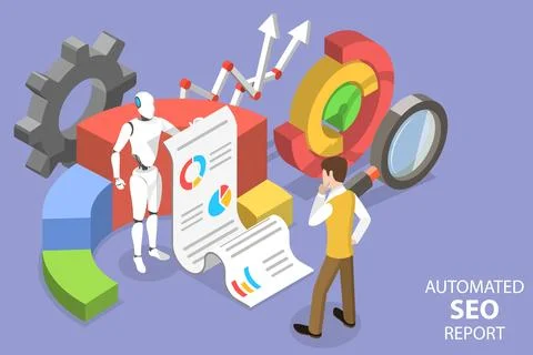 3D Isometric Flat Vector Conceptual Illustration of Automated Seo Report. Stock Illustration