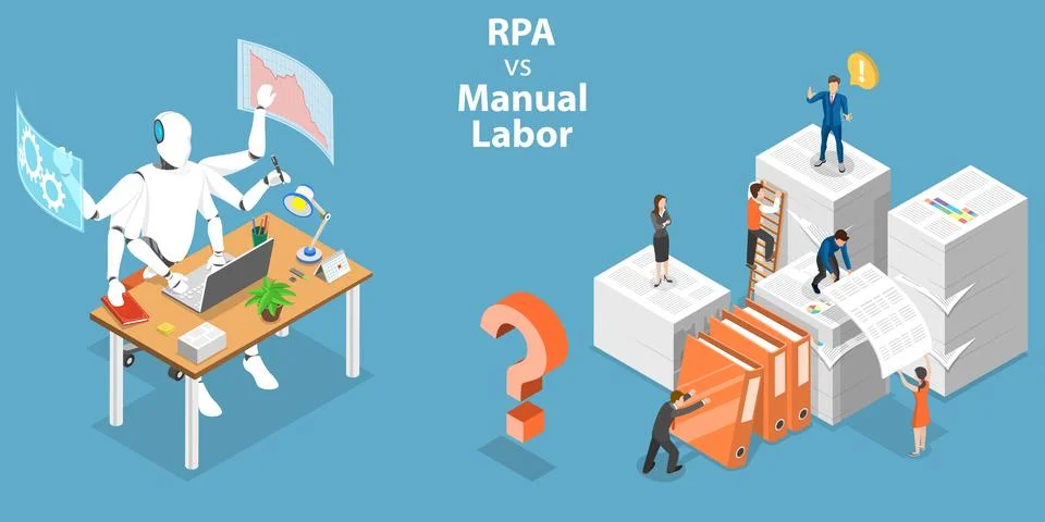 3D Isometric Flat Vector Conceptual Illustration of RPA vs Manual Labor Stock Illustration