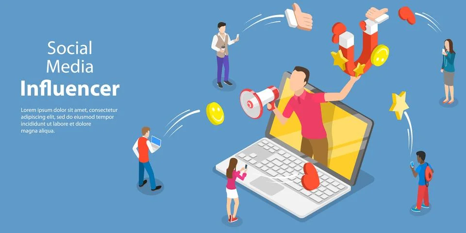 3D Isometric Flat Vector Conceptual Illustration of Social Media Influencer Stock Illustration