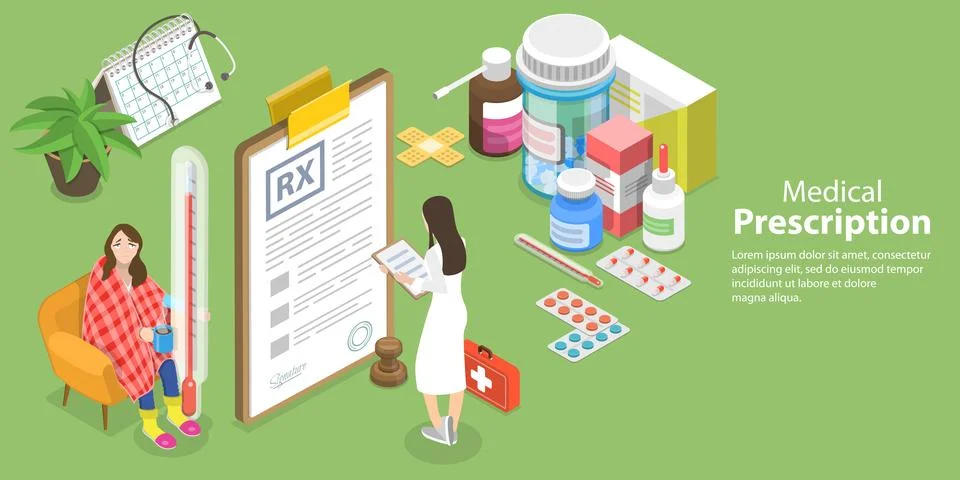 3D Isometric Flat Vector Conceptual Illustration of RX, Medical Prescription Stock Illustration