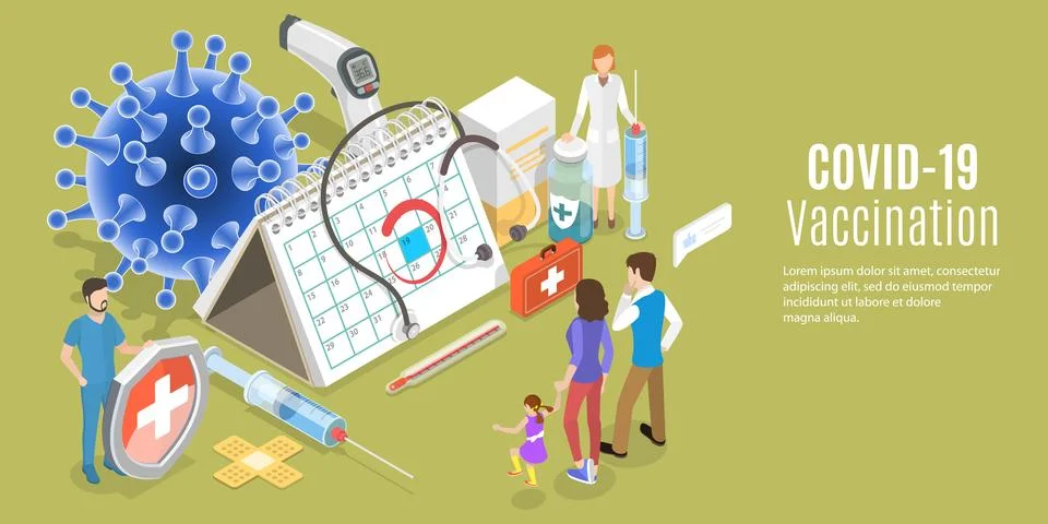 3D Isometric Flat Vector Conceptual Illustration of Covid-19 Vaccination Program Stock Illustration