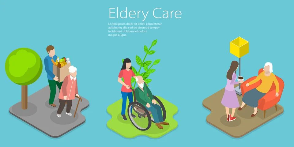 3D Isometric Flat Vector Conceptual Illustration of Elderly Care Stock Illustration