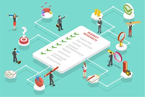 3D Isometric Flat Vector Conceptual Illustration of Market Research Strategy Stock Illustration