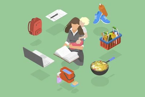 3D Isometric Flat Vector Illustration of Super Mom, Mother with Baby, Working, Stock Illustration