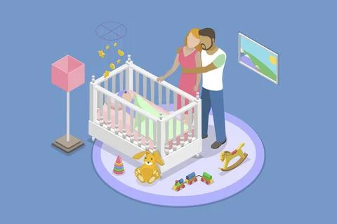3D Isometric Flat Vector Illustration of Nursery Room, Sleeping Newborn Baby Ilustração Stock