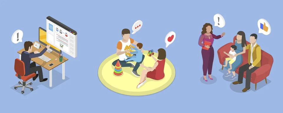 3D Isometric Flat Vector Illustration of Secure Environment for Children, Happy Ilustração Stock