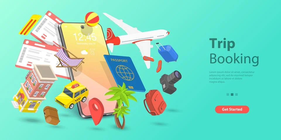3D Isometric Flat Vector Landing Page Template of Mobile Trip Booking App. Stock Illustration