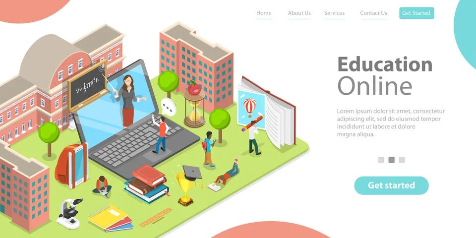 3D Isometric Flat Vector Landing Page Template of Distant School Education. Stock Illustration