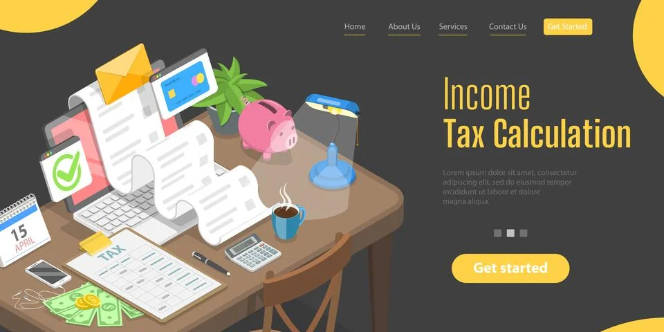 3D Isometric Flat Vector Landing Page Template for Financial Tax Report. Stock Illustration