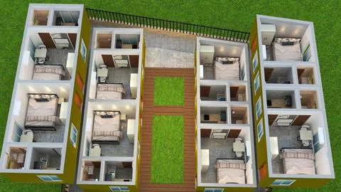 3D Isometric Floor Plan of Modern Multi-Unit Apartment Building Stock Illustration
