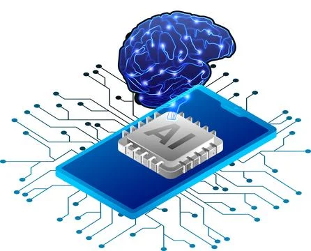 3D isometric illustration of mobile processor chip with brain symbol for Ar.. Stockillustratie