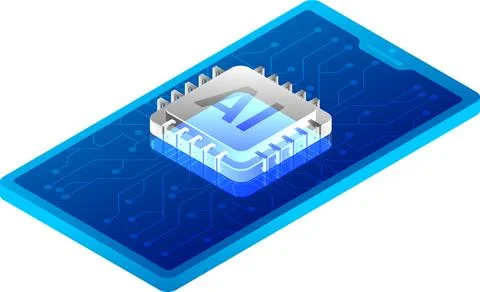 3D isometric illustration of mobile processor chip and digital circuit for .. Stock Illustration