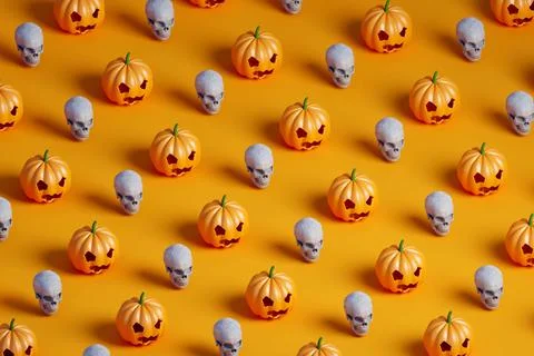 3d isometric illustration pattern of many Halloween pumpkin and white skulls  Stock Illustration