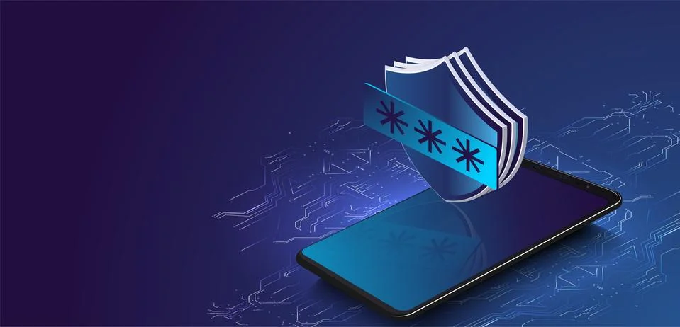 3D isometric illustration of a protective shield on a mobile phone. Vector Stock Illustration