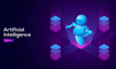 3D isometric illustration of Robot between four glowing blocks for Artifici.. Stockillustratie