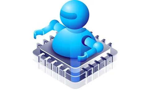 3D isometric illustration of a robot on processor chip for Artificial Intel.. Stock Illustration