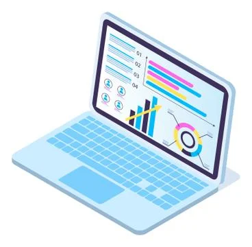 3d isometric laptop with data analytics, increase graphic, diagram, chart Stock Illustration