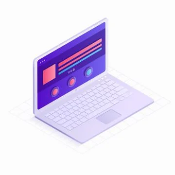 3D Isometric laptop flat design vector illustration. LCD monitor with website Illustrazione stock