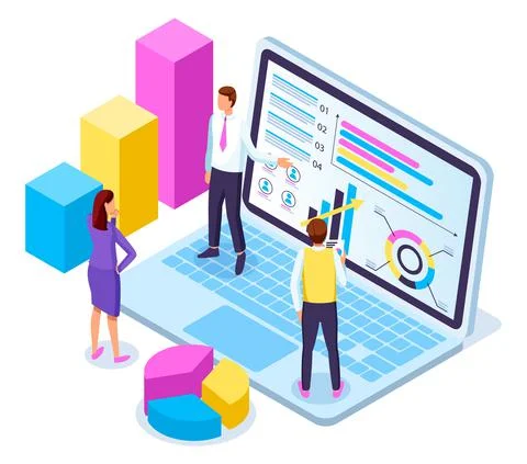 3d isometric laptop with growing chart, sliced diagram, teamwork analysis Illustrazione stock