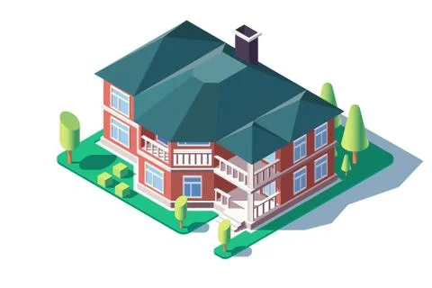 3d isometric large comfortable home with green tree, lawn and balcony. Illustrazione stock