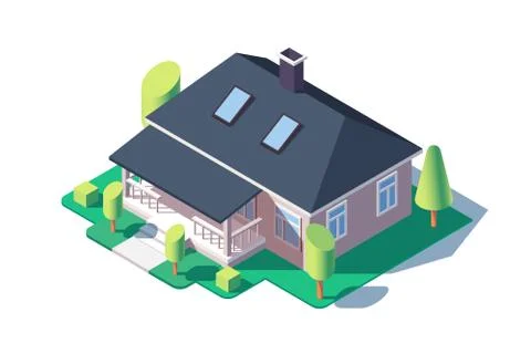 3d isometric large cozy one story house with green tree. Stock Illustration