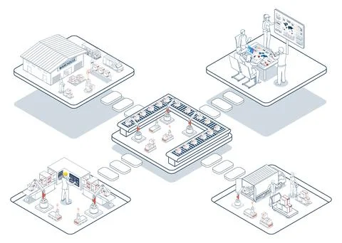 3D Isometric logistics supply chain integrates fleet management, warehousin.. Stock Illustration