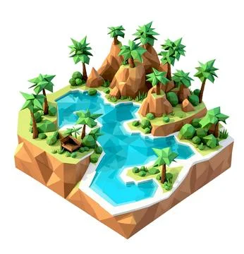 3D isometric low poly portrayal of a tropical island with a river Stock Illustration