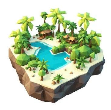 3D isometric low poly portrayal of a tropical island with a river Stock Illustration
