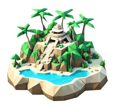 3D isometric low poly portrayal of a tropical island with a river Stock Illustration