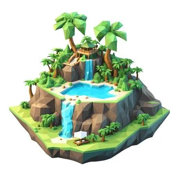 3D isometric low poly portrayal of a tropical island with a river Stock Illustration