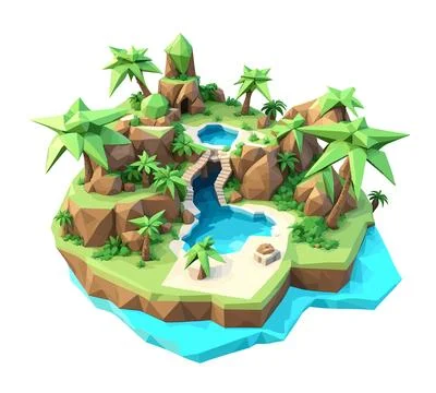 3D isometric low poly portrayal of a tropical island with a river Stock Illustration