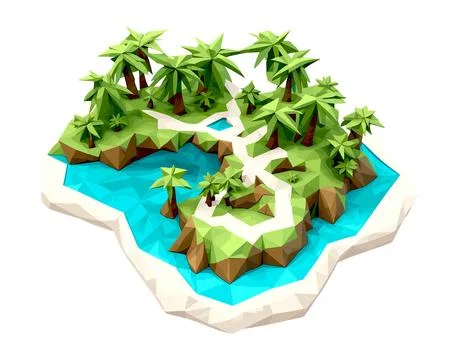 3D isometric low poly portrayal of a tropical island with a river Stock Illustration