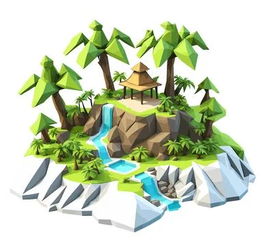 3D isometric low poly portrayal of a tropical island with a river Stock Illustration