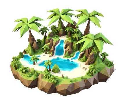 3D isometric low poly portrayal of a tropical island with a river Stock Illustration