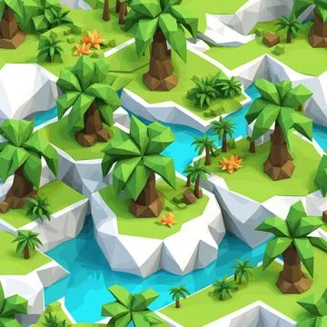 3D isometric low poly portrayal of a tropical island adorned Stock Illustration