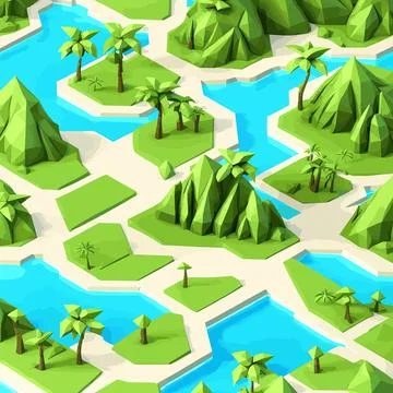 3D isometric low poly portrayal of a tropical island adorned Stock Illustration
