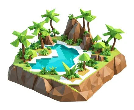 3D isometric low poly portrayal of a tropical island with a river Stock Illustration