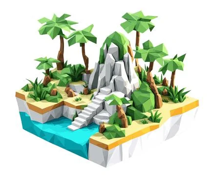 3D isometric low poly portrayal of a tropical island with a river Stock Illustration
