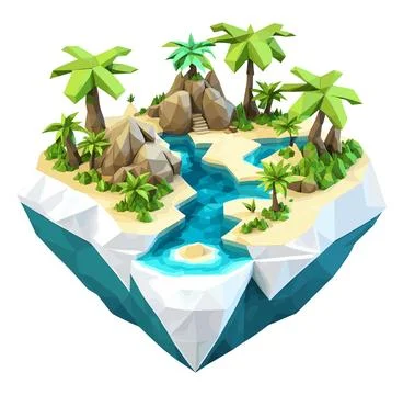 3D isometric low poly portrayal of a tropical island with a river Stock Illustration