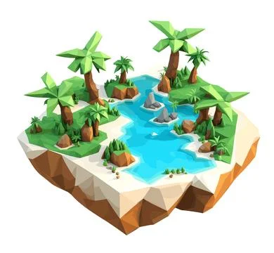 3D isometric low poly of a tropical island with the river, Stock Illustration