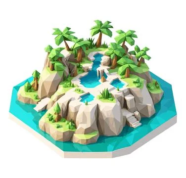 3D isometric low poly of a tropical island with the river, Stock Illustration
