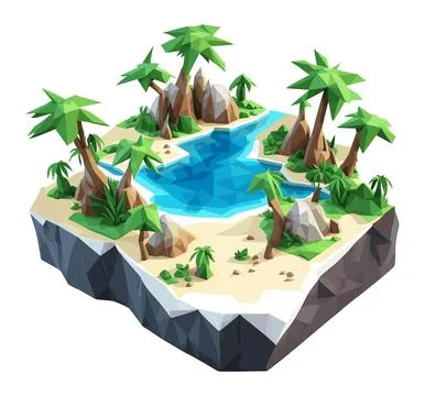 3D isometric low poly of a tropical island with the river, Stock Illustration