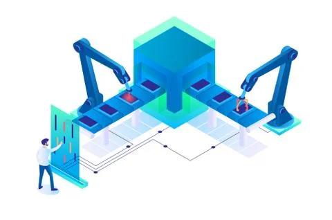 3d isometric man at work with semi automatic production. イラスト素材