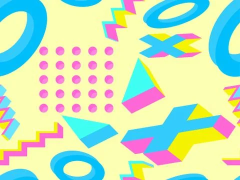 3d isometric memphis style seamless pattern. Geometric shapes in memphis styl Stock Illustration