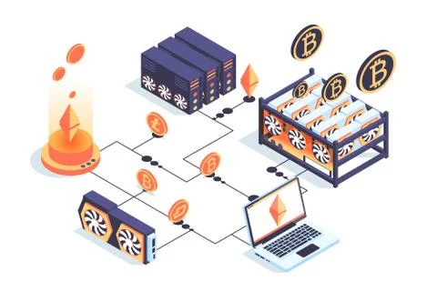 3d isometric mining farm with server, laptop, bitcoin, video card. Stock Illustration