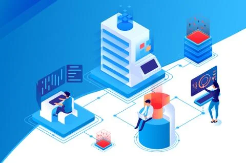 3d isometric nodal data center with workspace, diagram and laptop. Stock Illustration