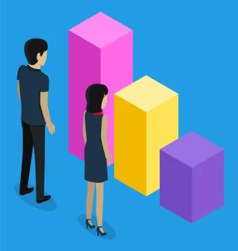 3d isometric, office workers looking at growing or falling graph, analysis info Stock Illustration